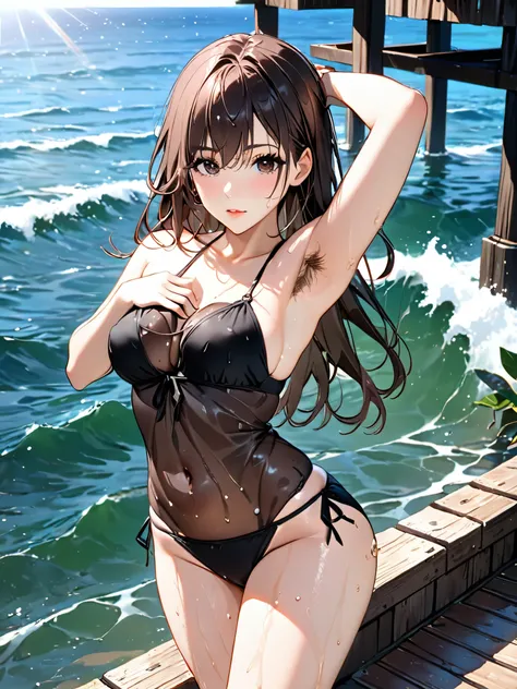 (masterpiece, best quality:1.2), illustration, anime, (wide shot), model shoot, 1girl, (armpits , short light underarm hair) , long dark hair, dark brown eyes, pretty lips, beautiful faces, beautiful eyes, wet body, wet hair, pink mule, wet sheer black bik...