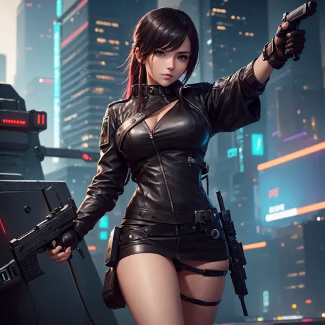 a woman in a leather outfit holding a gun in a city, pointing gun at the camera, wojtek fus, cyberpunk anime girl, female cyberpunk anime girl, guweiz, artwork in the style of guweiz, cgsociety - w 1 0 2 4 - n 8 - i, by Victor Wang, modern cyberpunk anime,...