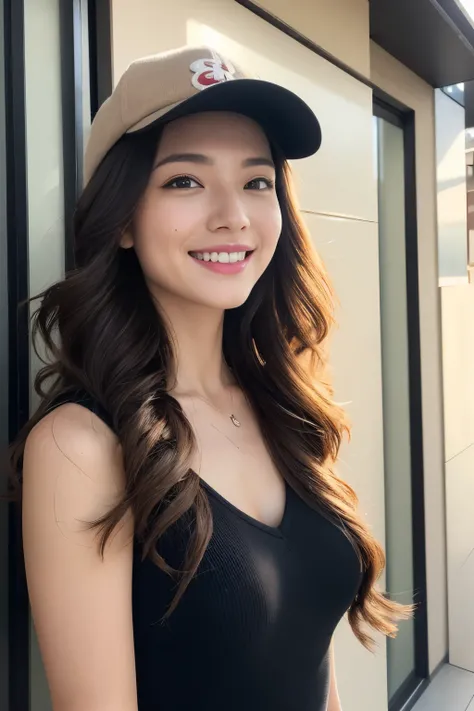 highest quality、4K、Perfect Face、Perfect Style、Sunburn、long curly layer hair, beautiful、stylish appeal、Swept-back hair、beautiful abs, full body,gorgeous lady, smile,wear a black one pieace, put on a beige cap,wearing white sneakers,at city,evening(From belo...