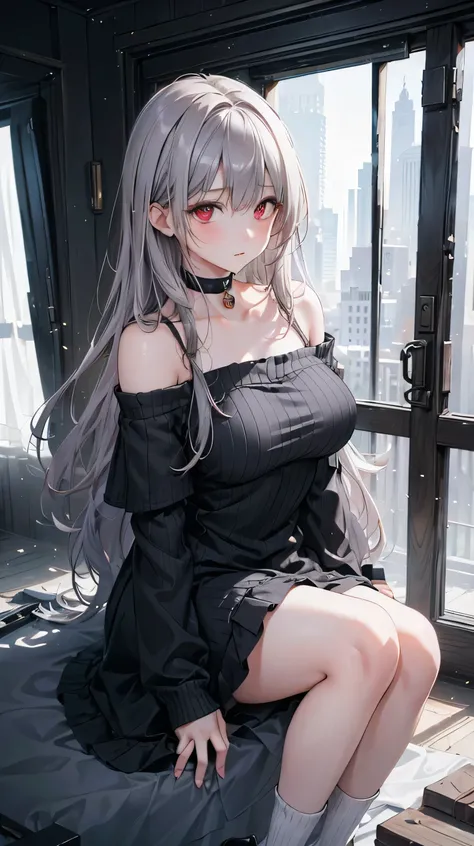 8k resolution,((Best Quality)),Ultra-high resolution,Adult women, Alone, sexy, (Expressionless), (Red eyes), A beautiful, symmetrical face, (Grey bangs long hair),Off-the-shoulder dress,Knee-high socks,A dilapidated, locked room shrouded in darkness,Realis...