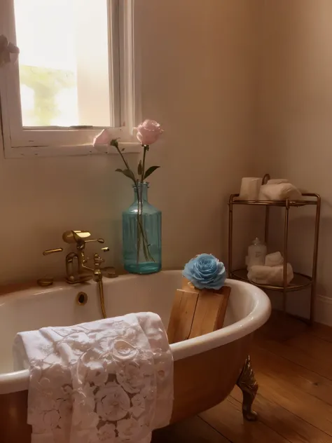 Surrounding the girl are various objects that create the ambiance of a vintage bath. A **clawfoot porcelain bathtub** with slightly tarnished **bronze legs** sits in the middle of the room, its white surface glistening under soft light. Nearby, a **copper ...