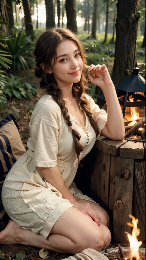 8k, A lovely woman with braided brown hair and a kind smile sits by a cozy, glowing campfire in an enchanted forest, holding a sign that says "September 17, 2024" on an electronic screen. She is wearing a light summer dress, transparent and comfortable, an...