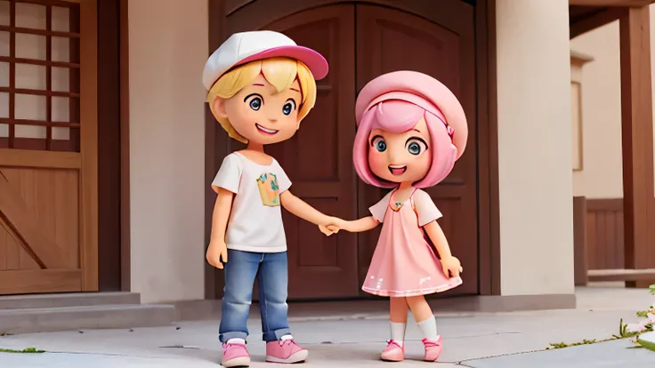 The character is a young girl with light pink hair in a bob cut, wearing a hat, light pink eyes, a happy smiling mouth, and modern clothing. She has a friendly and intelligent personality, holding a gift box in her hand, and is talking to another male chib...