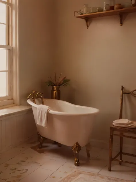 Surrounding the girl are various objects that create the ambiance of a vintage bath. A **clawfoot porcelain bathtub** with slightly tarnished **bronze legs** sits in the middle of the room, its white surface glistening under soft light. Nearby, a **copper ...