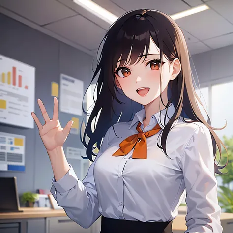 waving hand, Biologically Correct Five Fingers、Upper Body, Realistic, Real person, (pale skin: 1.2), RAW photo, photorealistic, shiny skin, shiny hair、(A 2 woman with medium-length hair and bangs) and (wavy hair) and (brown hair) and (orange eyes) , (busin...