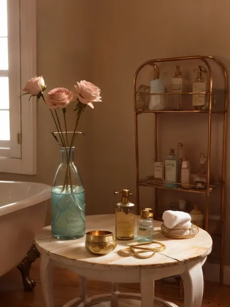 Surrounding the girl are various objects that create the ambiance of a vintage bath. A **clawfoot porcelain bathtub** with slightly tarnished **bronze legs** sits in the middle of the room, its white surface glistening under soft light. Nearby, a **copper ...