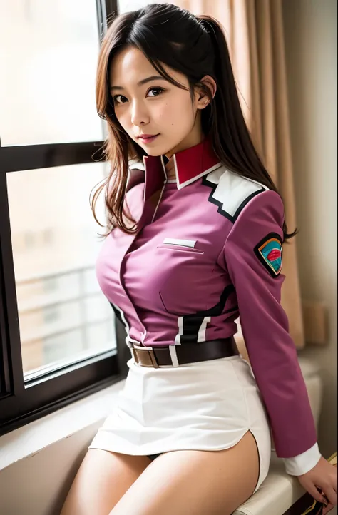 real photos、Highest im年 quality、realistic、Beautiful woman、beautiful thighs、beautiful face、real im years、federal army uniform miniskirt、ponytail、Yuriko Yoshitaka、 Japanese female、Zuo々Ki Nozomi:1.4、pretty girl、white pantiesが見える、1６age、（white panties:1.3）、supe...