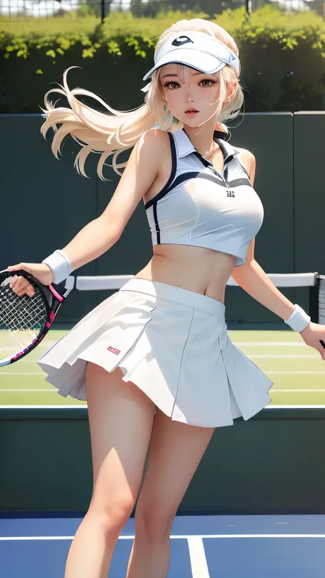 there is a woman in a white tennis outfit holding a tennis racket, tennis wear, sporty, waist - shot, wearing white skirt, a girl playing tennis, sakimichan, white skirt and barechest, white skirt, playing tennis, taken with canon 8 0 d, , leg shot, cute s...