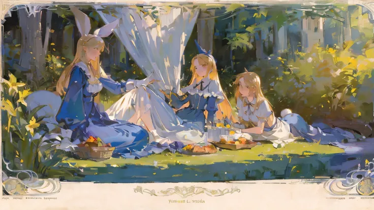 ((9-head body ratio)), female with rabbit, ((scene of picnic lunch,)) long blonde hair, be coquettish, ((flirtatious glance)), smiling, laughing, long silk gloves, yellow flowers and lily, ((Alices Adventures in Wonderland)), Lewis Carroll, fairy tale, fan...