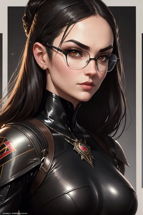 close up headshot portrait of Sasha Grey as the baroness wearing black rimmed glasses, black shiney bodysuit, intricate, elegant, highly detailed, digital painting, artstation, concept art, smooth, sharp focus, illustration, art by artgerm and greg rutkows...