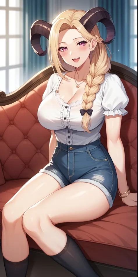 Adult, female, mature, big breasts, blonder demon-girl, horns a break, beautiful demon-girl, pink eyes, blonder hair, long braid, white blouse with short sleeves, short blouse, denim shorts, long black socks, legs slightly open, sitting in a provocative po...