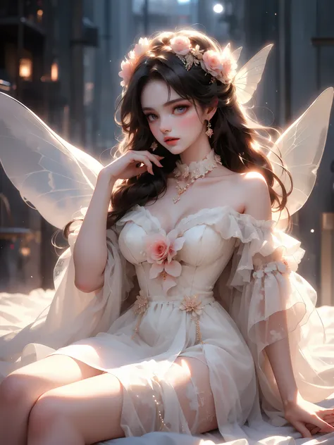  dress bow,layered dress,choker,butterfly wings,hair flower dark style realistic beauty,Full body shot of young woman, Slim figure, Full breasts, Sitting elegantly,Cross your legs naturally,Proportional coordination, (Focus on natural body posture and corr...