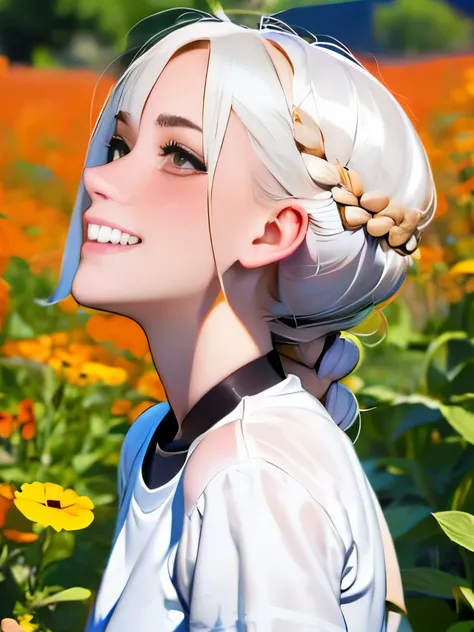 best quality, masterpiece,white hair, gold eyes,white clothes, looking up, upper body,hair strand,Fair skin,side braids