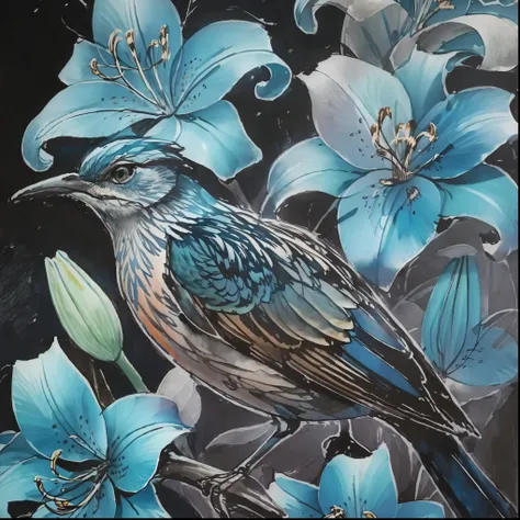 bird surrounded by lilies (line up) all around blue ink