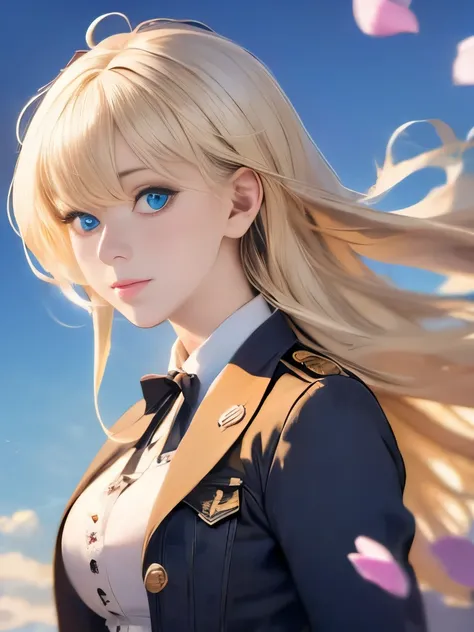 (dynamic angle:1.3),extreme closeup,windy,cinematic highlight,1girl,upper body,dacing,looking at viewer, violet_evergarden, solo, jewelry, blank eyes,brooch, blonde_hair,( vevry long hair:1.2),floating hairlong_sleeves, ribbon, blue_eyes, jacket, dress, ge...