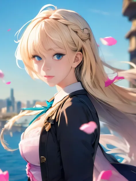 (dynamic angle:1.3),extreme closeup,windy,cinematic highlight,1girl,upper body,dacing,looking at viewer, violet_evergarden, solo, jewelry, blank eyes,brooch, blonde_hair,( vevry long hair:1.2),floating hairlong_sleeves, ribbon, blue_eyes, jacket, dress, ge...