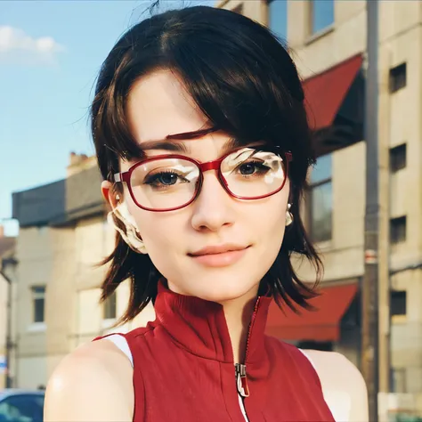 a close up of a person wearing glasses and a red vest, realistic 