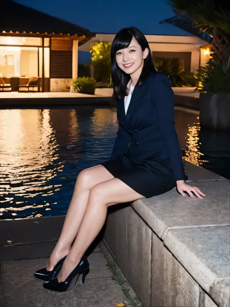 Best Quality, masterpiece, Realistic, High resolution, [8K RAW Photos,Alone, 1 person, Medium length hair、Sitting on a bench、Glamorous figure、face away、Grin,High heels、skirt、((Midnight:1.5))、Shooting with flash、Company uniform、open mouth