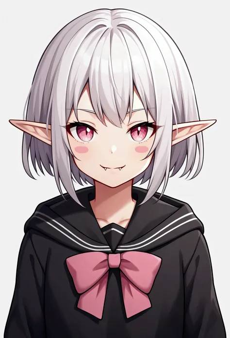 masterpiece, best quality, arms at sides, straight-on, standing, looking at viewer, 1girl, solo, elf ears, white hair, bow, teeth, jacket, white background, simple background, pink eyes, upper body, (portrait:1.2), school uniform, hood, black shirt, black ...