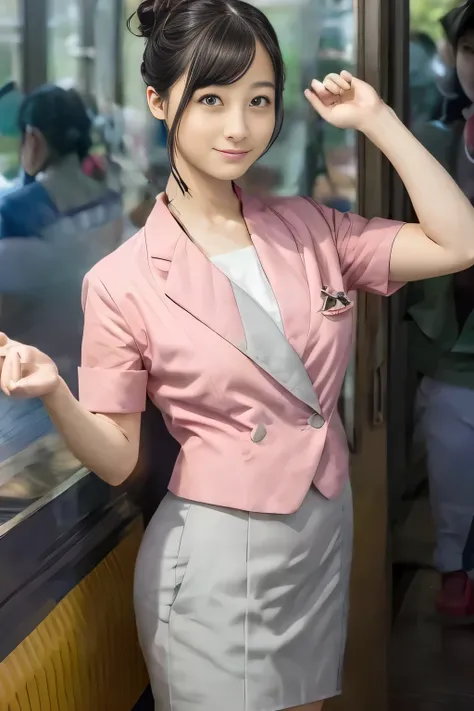 (masterpiece:1.2, Best Quality:1.2), 32K HDR, High resolution, (Alone、1 girl)、（On the roof of a building during the day、Professional Lighting）、Building rooftop background、（Nankai train crew uniform pinkを着たリアルスタイル）、（Nankai Railway crew uniform, pink, short ...