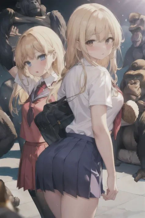 masterpiece, (2 girls in:1.4), (school uniform:1.6), long hair blonde hair, large breasts,(Cowboy shot:1.2), (From behind:1.3), Dynamic posing on floor, Sweat, Blushed face,
  (gorilla background:1.5), muscle, real, ((gorilla)),Break,
pretty, front view, f...