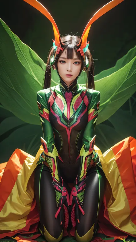 Tratrix Mantis,short,Mantis Sleeve,Alone, One girl,whole body,Sitting,Forest Background,masterpiece,Alone,Beautiful fine details,In detail,Detailed face,Vibrant colors,Five fingers,In detailed,Super detailed,Detailed hands,8k,In detailed beautiful eyes,Hig...