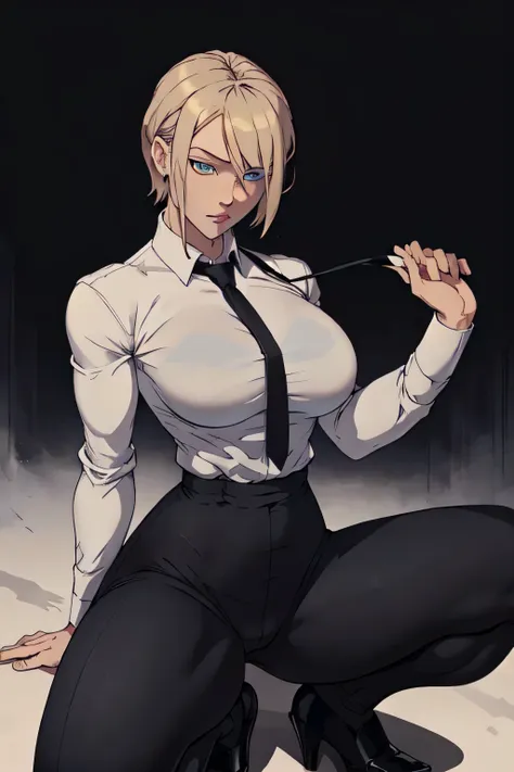 with short blonde hair, blue eyes, wearing a white shirt, breasts, with a black tie, defined body, wearing black pants wearing b...