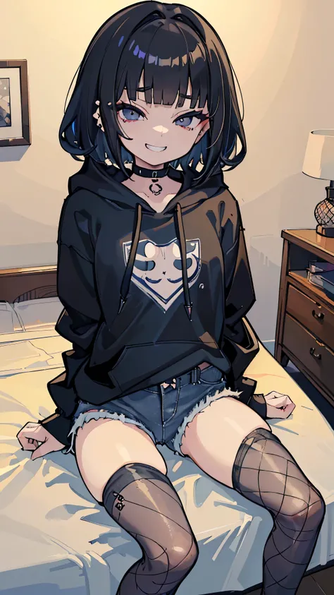 ((masterpiece、Best Quality、Very detailed))、One girl、Black Hair、Short Hair、blunt bangs、Grey Eyes、evil smile、((Grin))、((lots of piercing))、Small breasts、((black hoodie))、((denim shorts horts))、((fishnet tights))、Cowboy Shot、Sit on the bed、((Dimly lit room))、...