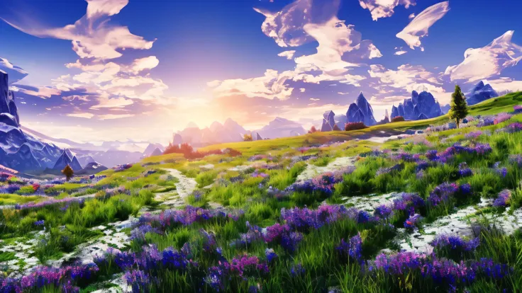 realistic, beautiful and stunning landscape ; petal grassland with blue sky and white clouds, 2,5d, fantasy world, rise of kingd...