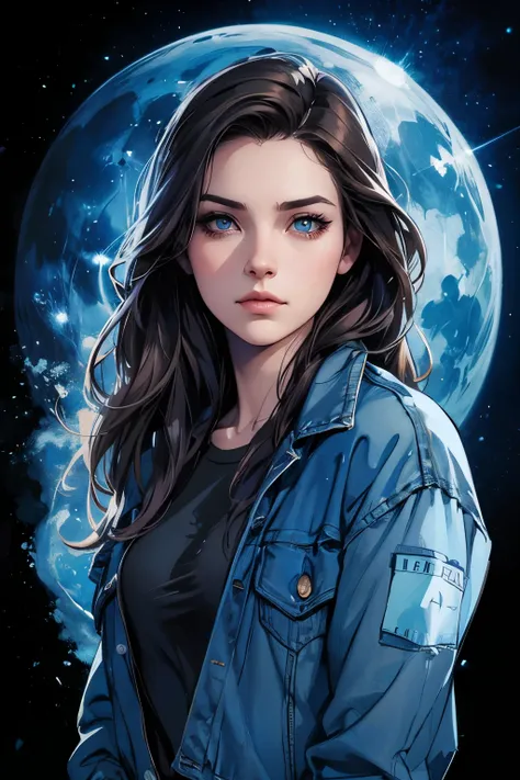 a woman in a denim jacket and black shirt standing in front of a blue moon, charlie bowater art style, in style of charlie bowater, style of charlie bowater, charlie bowater character art, neoartcore and charlie bowater, inspired by Charlie Bowater, in the...