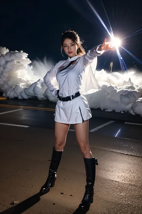 A typhoon woman wearing a white costume representing the typhoon，White Cape, Wearing long white gloves, White knee-length boots, Standing in the middle of a typhoon、radiates energy in all directions、Photograph the whole body、kamehameha,thunder、tsunami