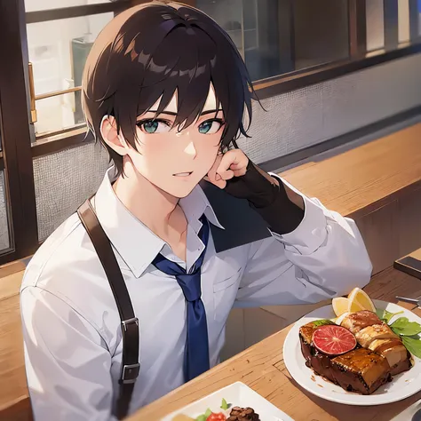 (2 male:1.5) and (Brown short hair) and (Green Eyes), (white collared shirt) and (Blue tie),(looking at viewer:1.5),upper body, shiny skin,masterpiece、Best Quality、 blush,serious,open mouth, The background is the interior of an izakaya at night.、(alone:1.5...