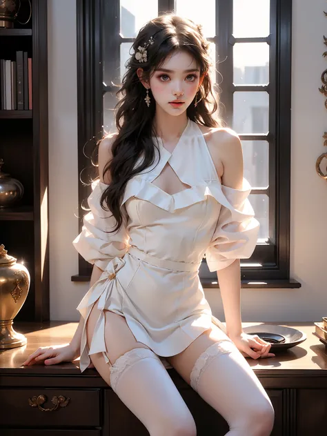 yatsen white dress white thighhighs short dress dark style realistic beauty,Full body shot of young woman, Slim figure, Full breasts, Sitting elegantly,Cross your legs naturally,Proportional coordination, (Focus on natural body posture and correct anatomy:...