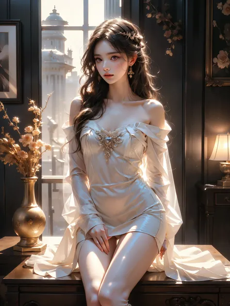 yatsen dark style realistic beauty,Full body shot of young woman, Slim figure, Full breasts, Sitting elegantly,Cross your legs naturally,Proportional coordination, (Focus on natural body posture and correct anatomy:1.3), (Perfect leg proportions:1.3)，(True...