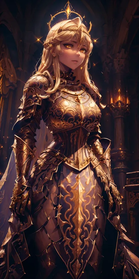 upper body of paladin lady in ornate golden armor, black collar, pauldrons, breastplate, corset, glowing halo, single braid, blonde, yellow glowing eyes, bright pupils, eye focus, red cape, temple indoors, stained glass windows, night, moonlight, particles...