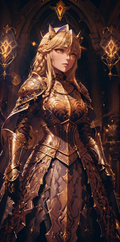upper body of paladin lady in ornate golden armor, black collar, pauldrons, breastplate, corset, glowing halo, single braid, blonde, yellow glowing eyes, bright pupils, eye focus, red cape, temple indoors, stained glass windows, night, moonlight, particles...