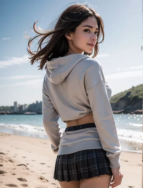 1 beautiful young girl, Super beautiful detailed face, smile shyly, small breasts:1.5), (white and oversized full zip hoodie:1.3), wet clothes, made by Semi-transparent fabric, (Grey tartan check pleated short skirt), (skirt lift by myself), (flip up the s...