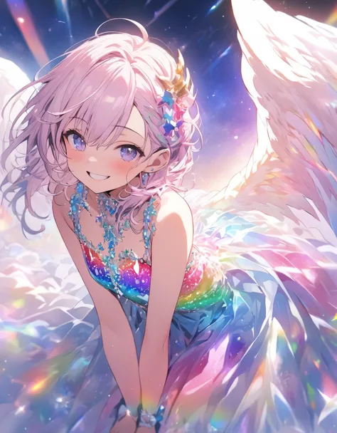 Prism lens, masterpiece, 10 years girl, rainbow beautiful glitter hair, smile, rainbow beautiful glitter dress, faced the front, ((ride the Glowing Pegasus)), sparkling beautiful starry sky background