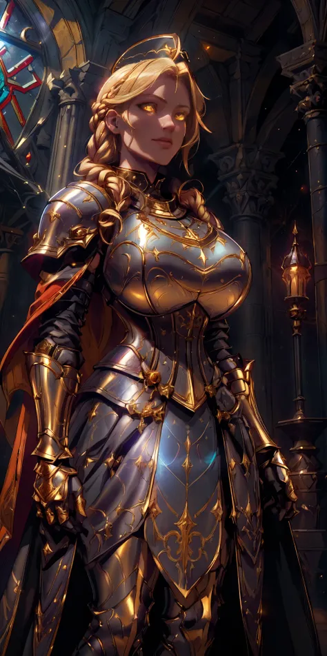 upper body of paladin lady in ornate golden armor, black collar, pauldrons, breastplate, corset, glowing halo, single braid, blonde, yellow glowing eyes, bright pupils, eye focus, red cape, temple indoors, stained glass windows, night, moonlight, particles...