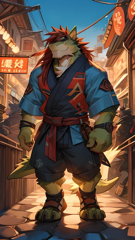 Green rex dinosaur with long red hair, with ninja clothes, with a skateboard shop background//anthropomorph//, //takemoto arashi style//