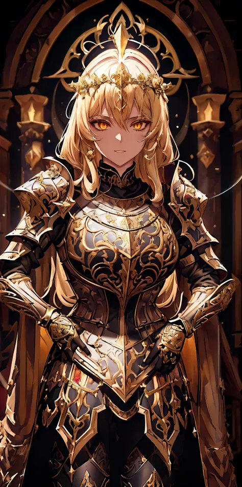 upper body of paladin lady in ornate golden armor, black collar, pauldrons, breastplate, corset, glowing halo, single braid, blonde, yellow glowing eyes, bright pupils, eye focus, red cape, temple indoors, stained glass windows, night, moonlight, particles...