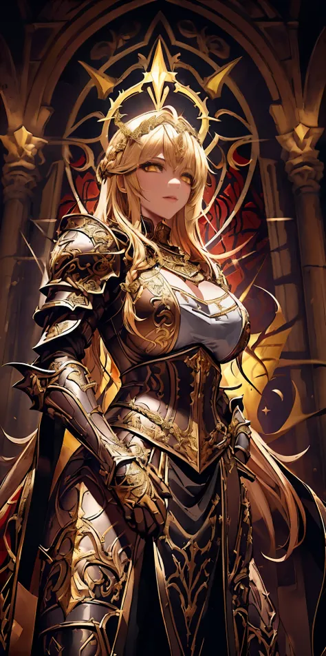 upper body of paladin lady in ornate golden armor, black collar, pauldrons, breastplate, corset, glowing halo, single braid, blonde, yellow glowing eyes, bright pupils, eye focus, red cape, temple indoors, stained glass windows, night, moonlight, particles...