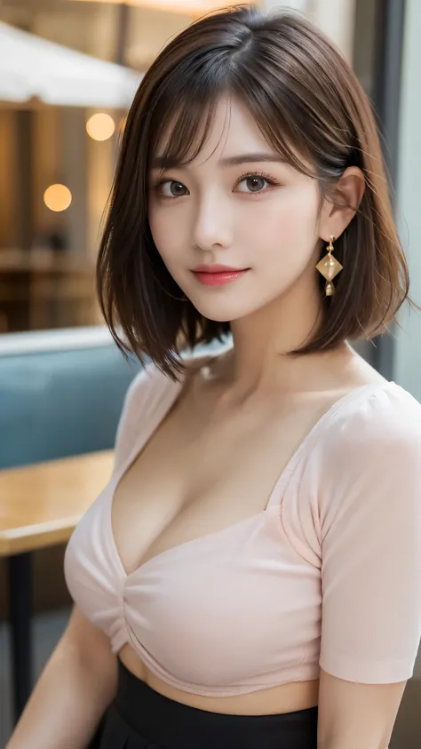 (A beautiful and cute woman in her 30s wearing a dress is at a cafe in town, She wears a light pink short-sleeved fitted top and a high-waisted black short skirt as her dress:1.3), 
BREAK 
(Photorealistic, 32k, RAW photo, best quality:1.4), (masterpiece:1....