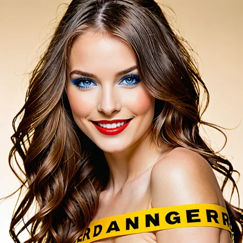 Semi-naked female silhouette covered only with yellow strips printed with the letters “Danger” Long hair, smile, Blue eyes, Brown hair, red lips