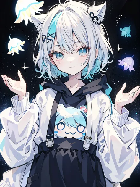 Create an anime-style VTuber character with the following characteristics::

- Hair: Bob Hair, White and light blue two-tone color, A little messy style.
- accessories: Adorned with small hair ornaments, Cute jellyfish clips and white foam hair clips.
- ey...