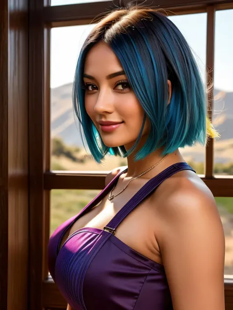 (cabelo azul e azul claro turquesa:1.2), cobalt hair, long bob hair, shoulder length hair, short hair, Full body, woman with white skin and Asian features, big breast. enhancing her captivating smile. Her face has an oval shape. detailed skin pores, oil Da...