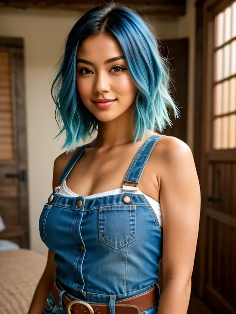 (cabelo azul e azul claro turquesa:1.2), cobalt hair, long bob hair, shoulder length hair, short hair, Full body, woman with white skin and Asian features, big breast. enhancing her captivating smile. Her face has an oval shape. detailed skin pores, oil Da...