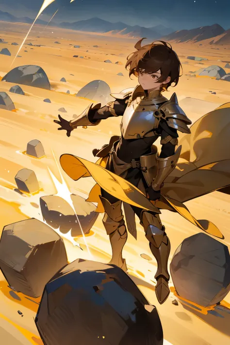 "man, man, male, short hair, brown-hair, serious face, well defined eyes, robust", "floating rocks, Desert, land", "armor dress, golden armor, without helmet", earth magic, pebbles flying around, rock magic, rock slinging