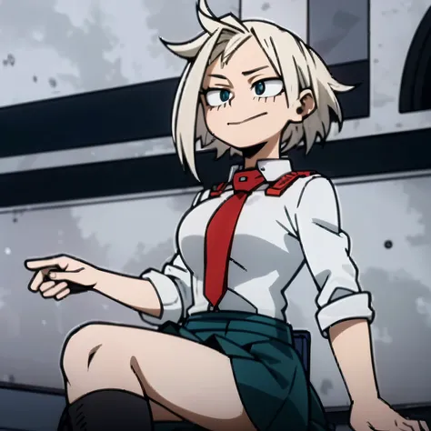 1girl, female focus, boku no hero academia, masterpiece, best quality, white wing, big breasts, short hair, white hair, blue eyes, smirk, gray jacket, red tie, white shirt, teal skirt, gray tights, snicker