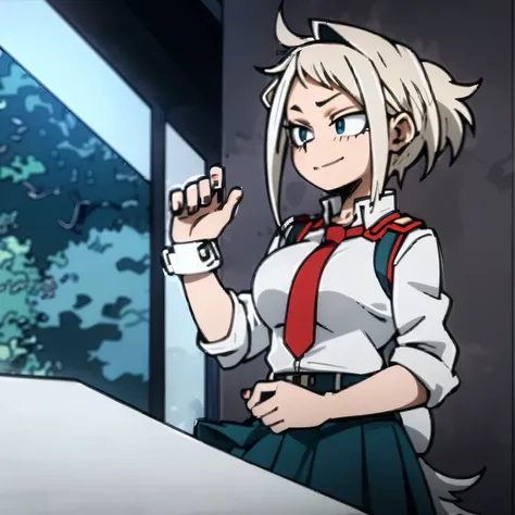 1girl, female focus, boku no hero academia, masterpiece, best quality, white wing, big breasts, short hair, white hair, blue eyes, smirk, gray jacket, red tie, white shirt, teal skirt, gray tights, snicker